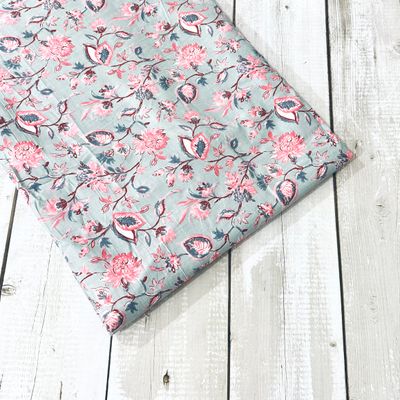 Grey with Pink Floral Block Print Cotton Fabric