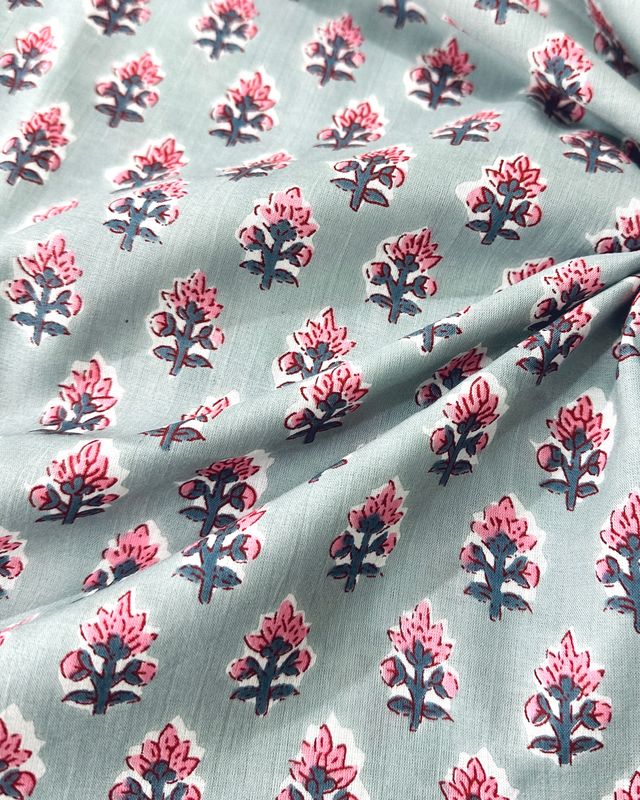Grey with Small Pink Floral Block Print Cotton Fabric