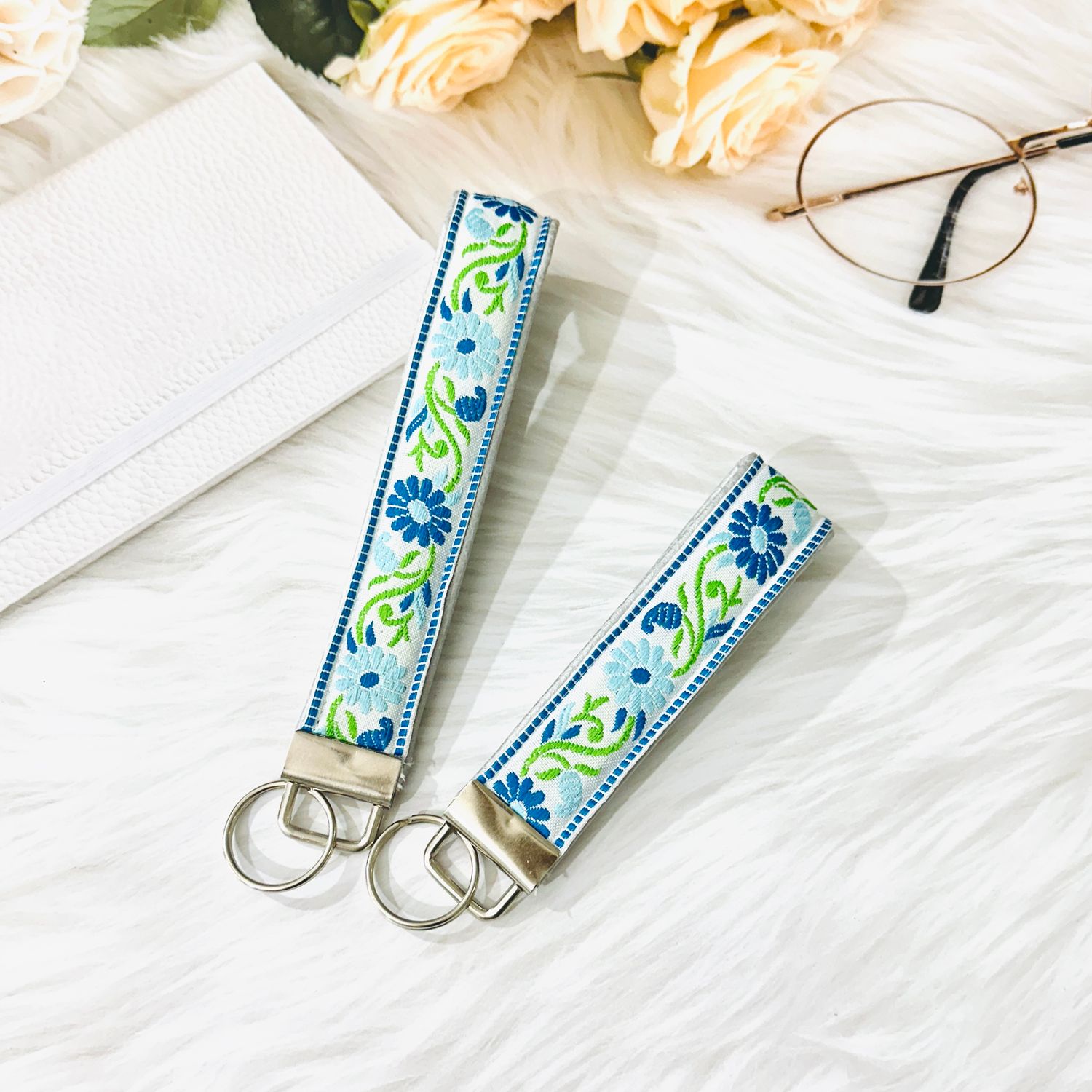 Embroidered Trim Faux Leather Keychain Keyfob  - Blue Green Floral