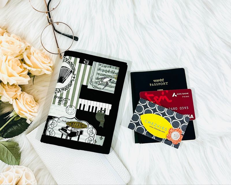 Black Passport Cover With Card Holder - Vintage Music