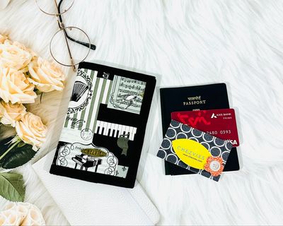 Black Passport Cover With Card Holder - Vintage Music