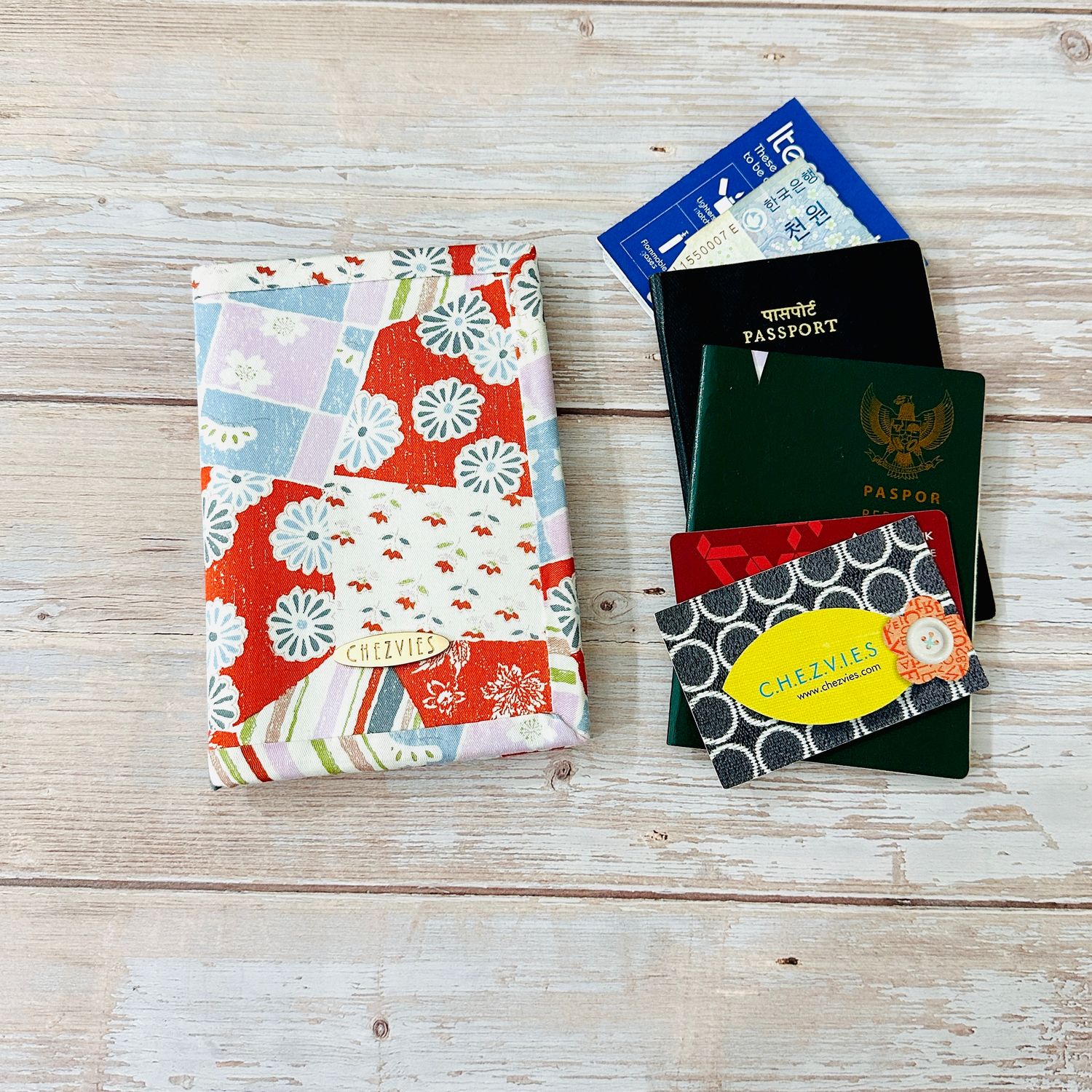 Patchwork Passport Holder With Card Holder - Orange Floral Fabric Wallet