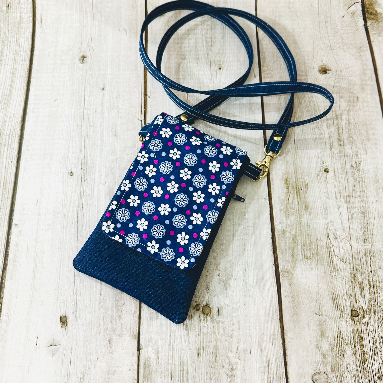 Denim Floral Crossbody Mobile Sling Bag