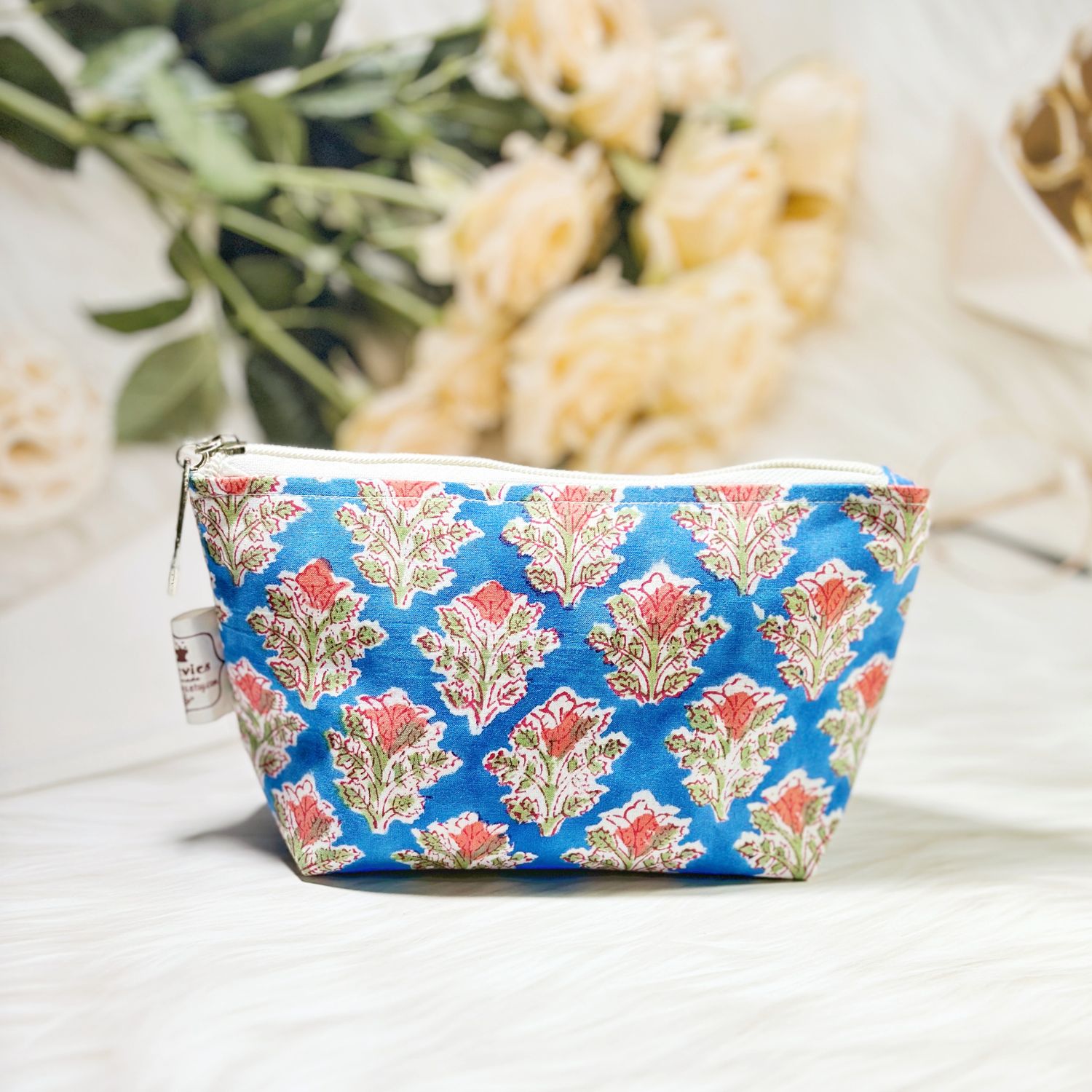 Blue Floral Small Makeup Bag - Block Print Zipper Pouch