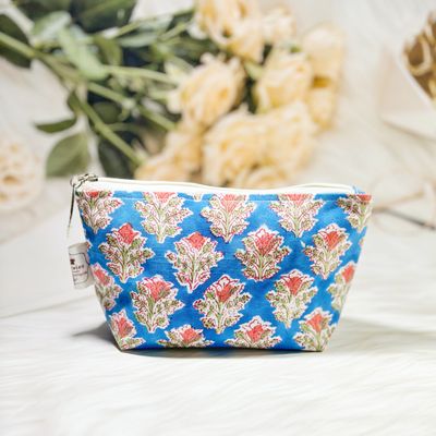 Blue Floral Small Makeup Bag - Block Print Zipper Pouch