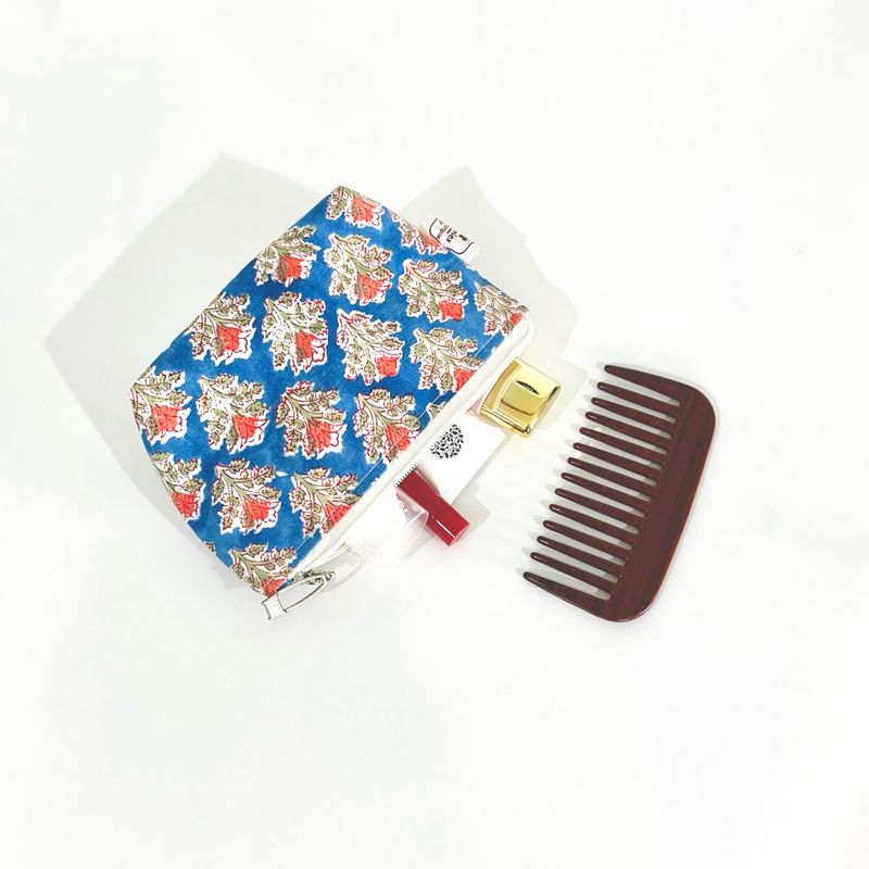 Block Print Makeup Bag - Blue Red Floral