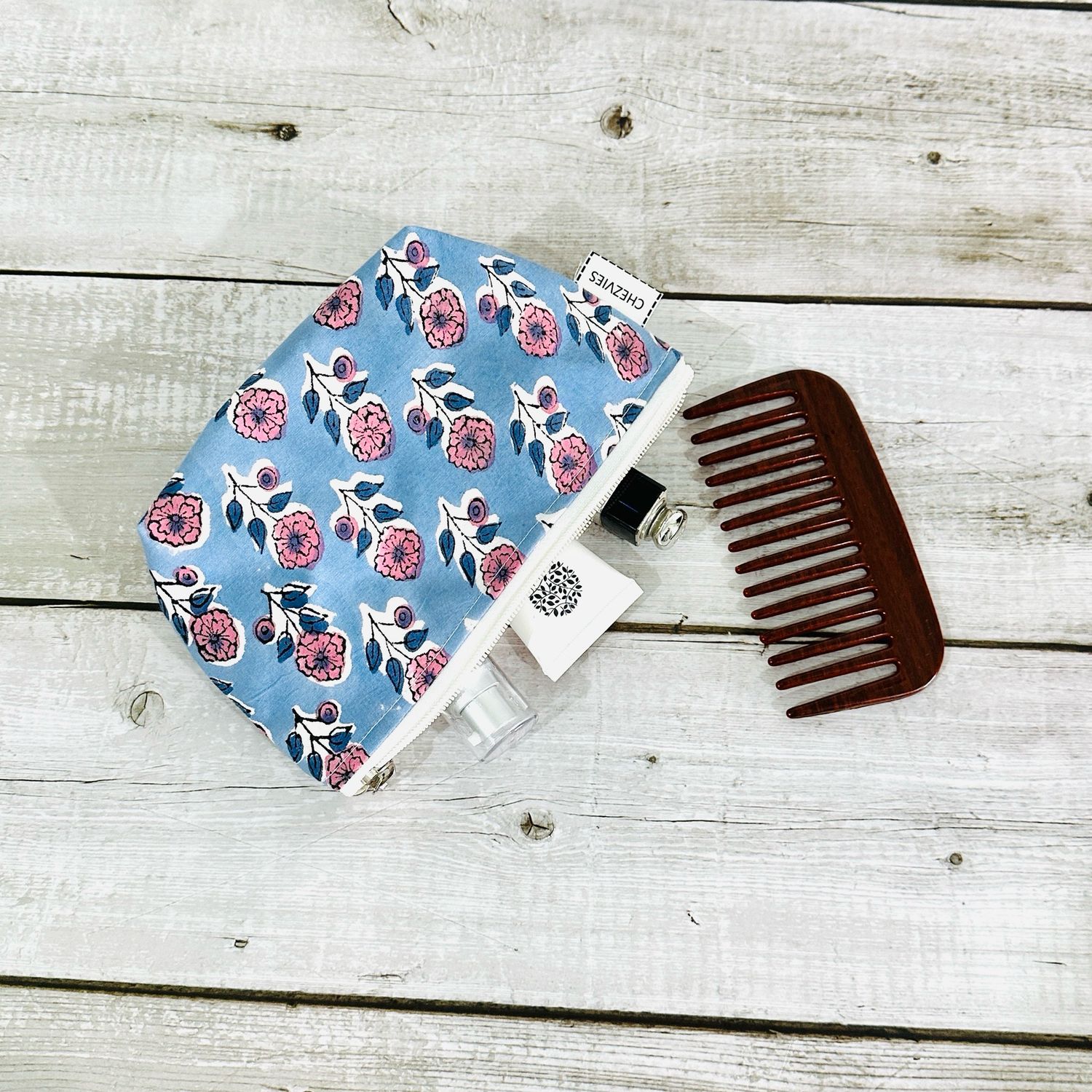 Block Print Small Makeup Bag - Grey Pink Floral