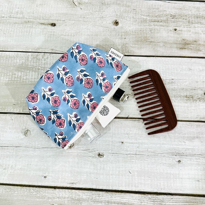 Block Print Small Makeup Bag - Grey Pink Floral