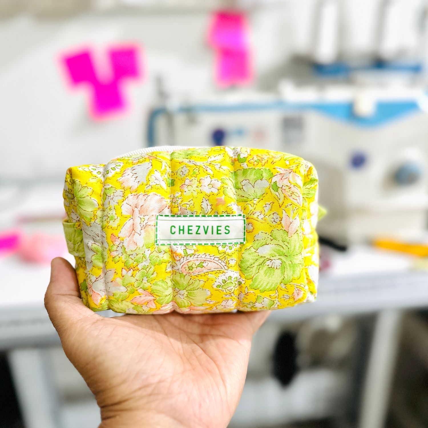 Small Quilted Makeup Boxy Bag in Cheerful Yellow Floral Print