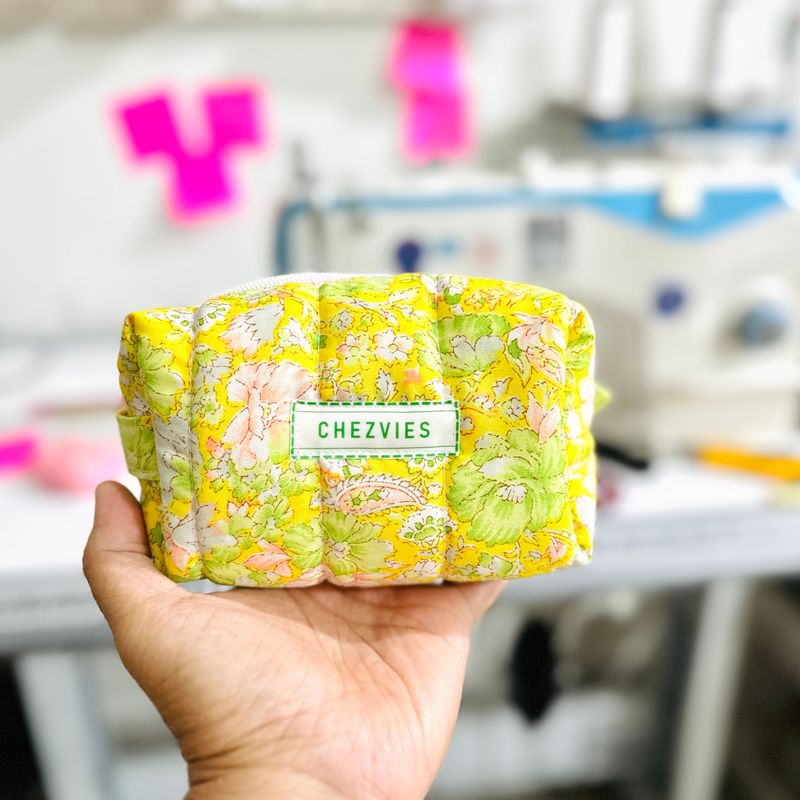 Small Quilted Makeup Boxy Bag in Cheerful Yellow Floral Print