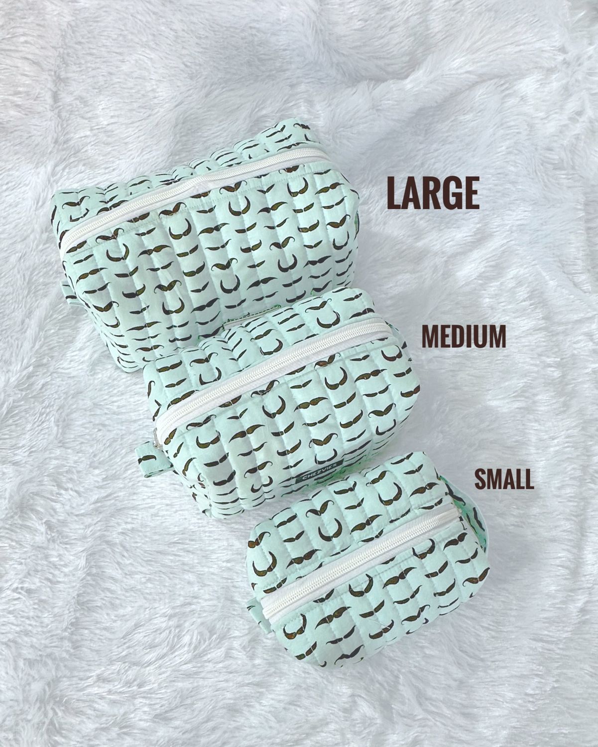 Boxy Quilted Make up Bag - Moustache Print