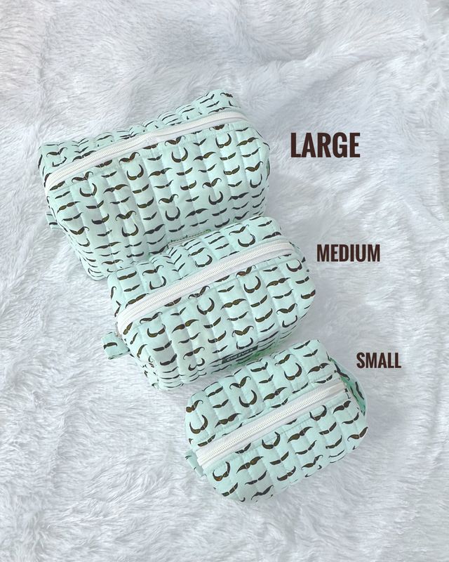 Boxy Quilted Make up Bag - Moustache Print