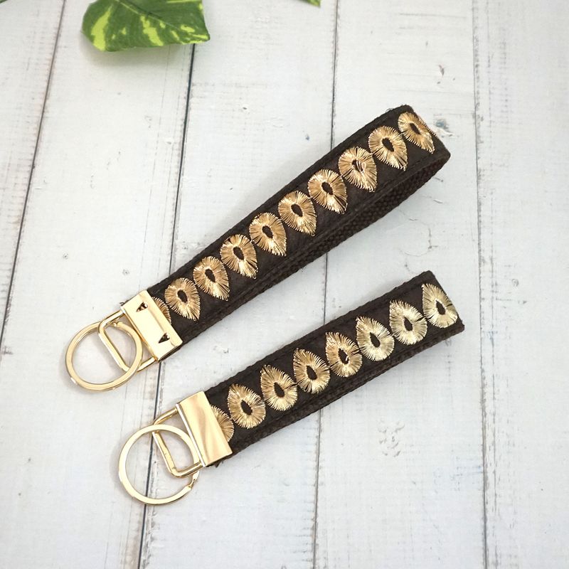 Embroidered Trim Keychain Key fob  - Brown Gold