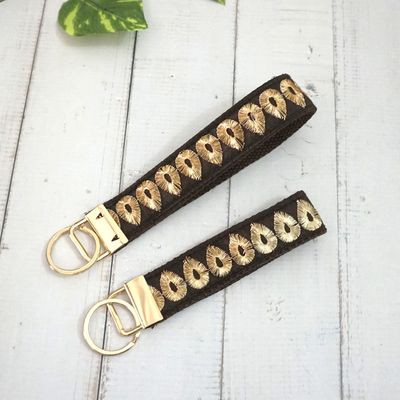 Embroidered Trim Keychain Key fob  - Brown Gold