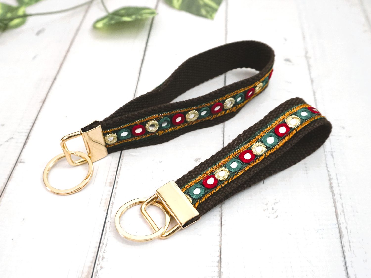 Multi Color Embroidered Trim Keychain Key fob  - Brown Gold