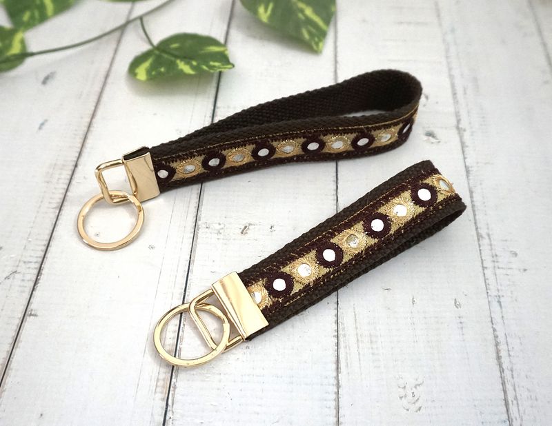 Mirror Embroidered Trim Keychain Key fob  - Brown Gold