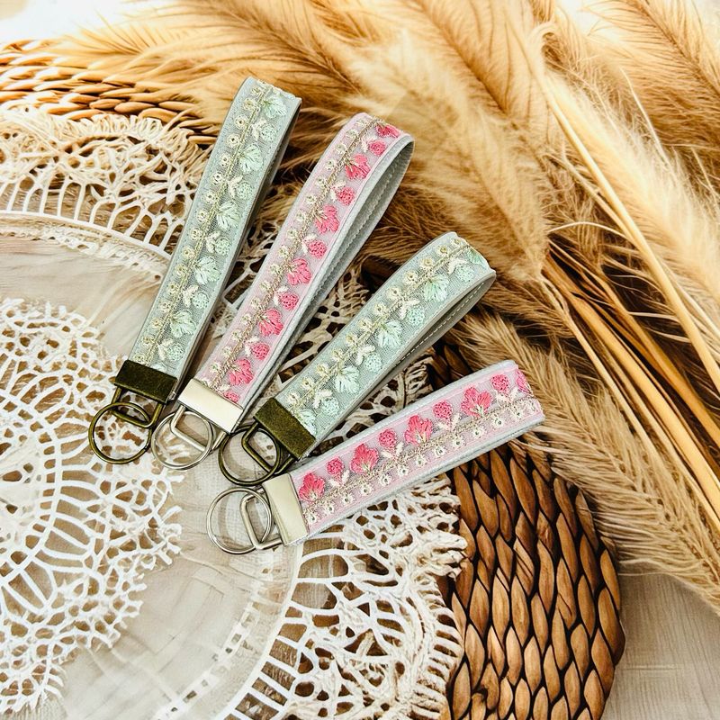 Faux Leather key Fob With Embroidery Accent- Pink Or Green
