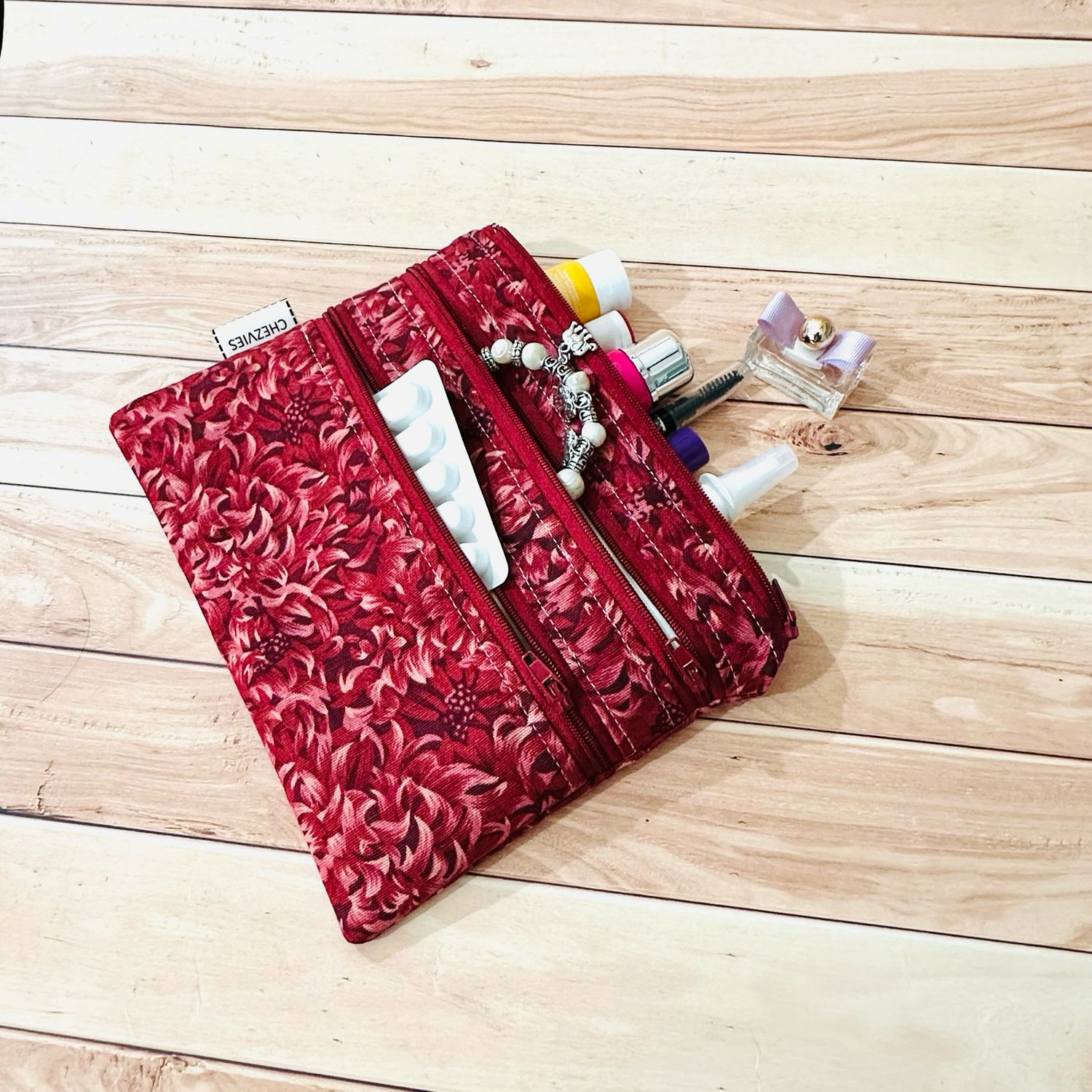 Maroon Floral Travel Organizer Pouch, Multi Zipper Passport Pouch