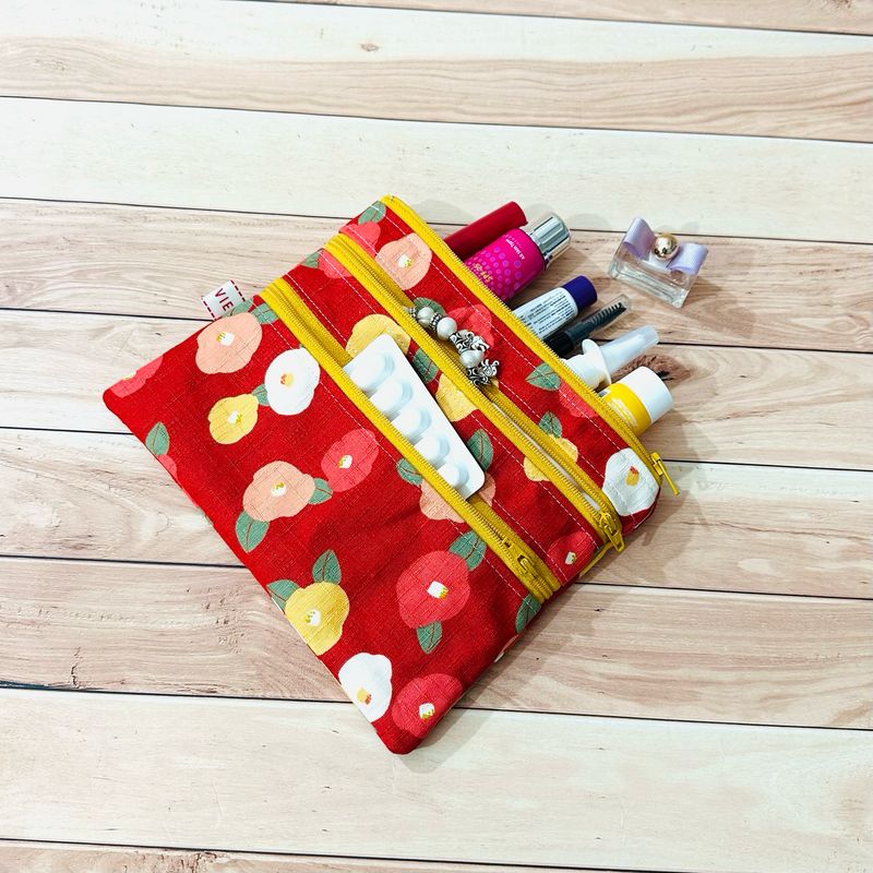 Red Floral Makeup Bag | Handmade Double Zipper Pouch | Cosmetic &amp; Travel Organizer