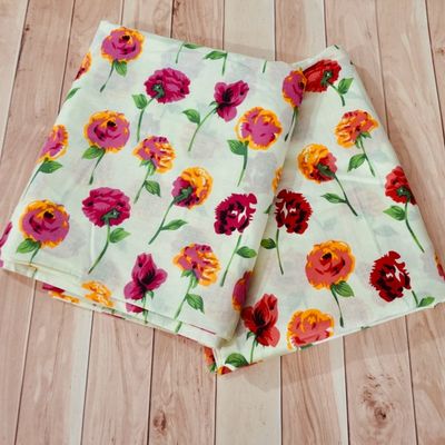 Roses Floral Motifs Lightweight Block Print Cotton Fabric - 44 Inch Wide