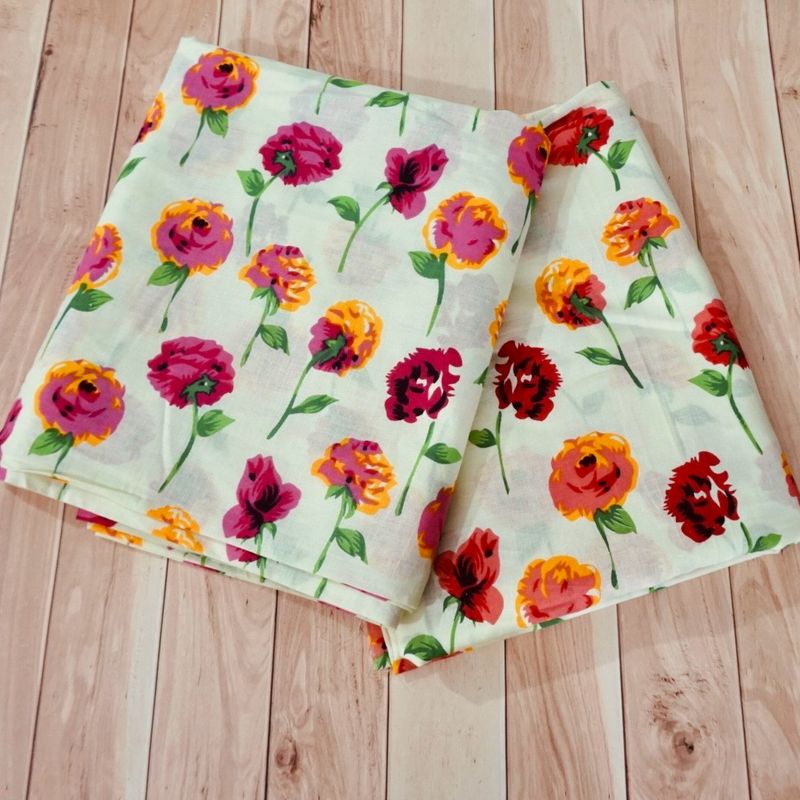 Roses Floral Motifs Lightweight Block Print Cotton Fabric - 44 Inch Wide