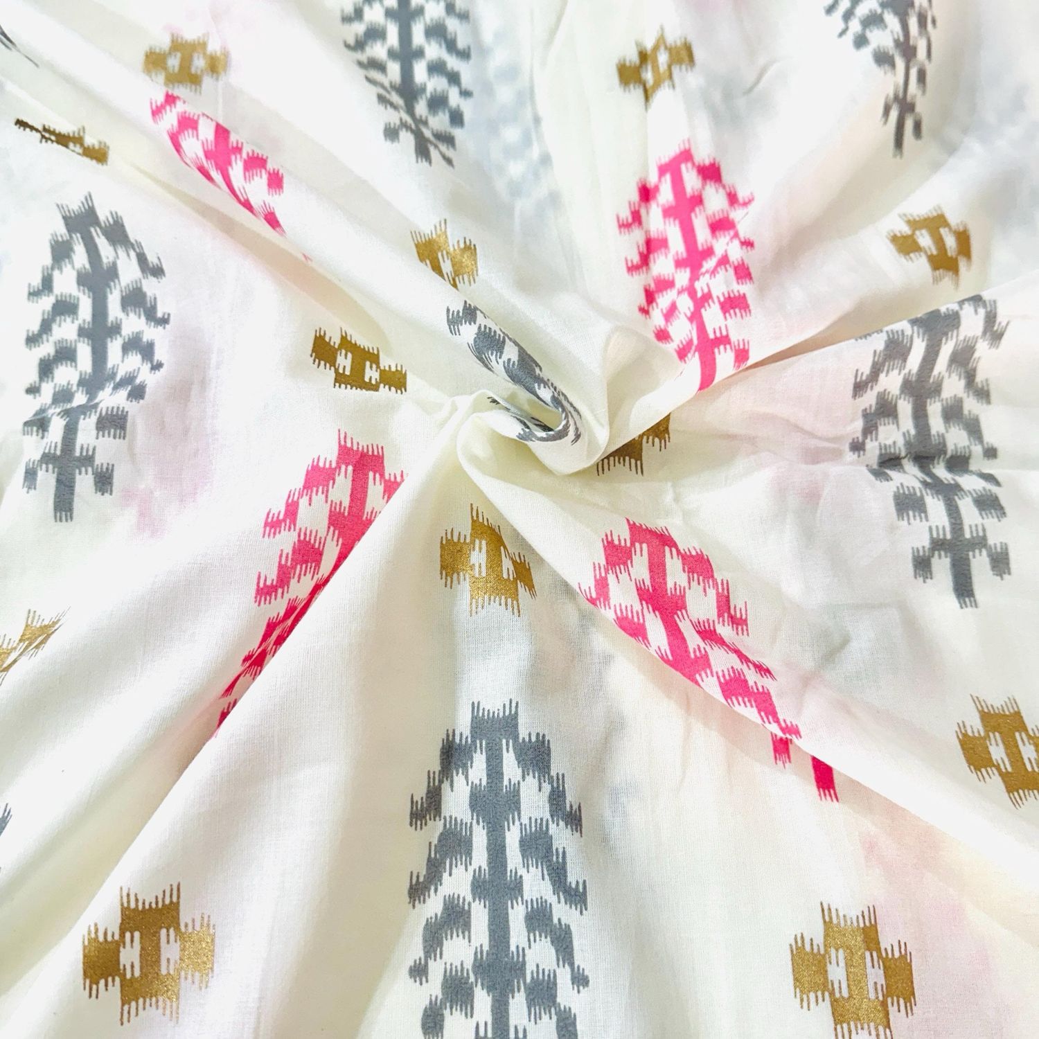 Off White Lightweight Indian Cotton Fabric with Pink, Grey, and Gold Pattern