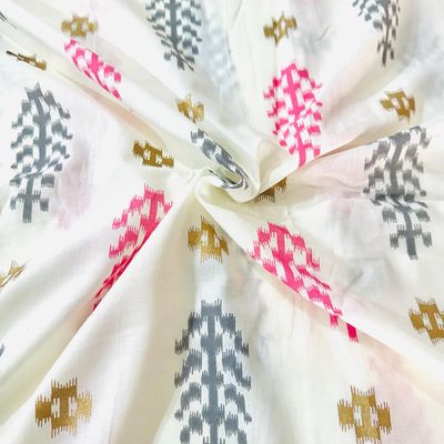 Off White Lightweight Indian Cotton Fabric with Pink, Grey, and Gold Pattern