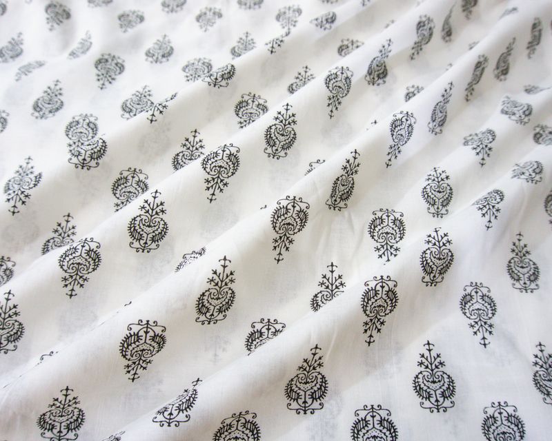 Black and White Hand Block Print Cotton Fabric, Floral Fabric for Dressmaking, Sewing, Quilting, 44 inches wide