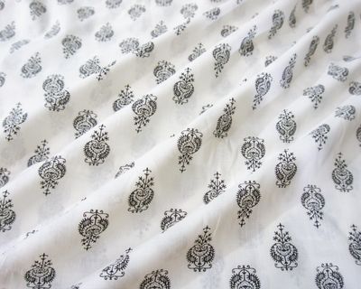 Black and White Hand Block Print Cotton Fabric, Floral Fabric for Dressmaking, Sewing, Quilting, 44 inches wide