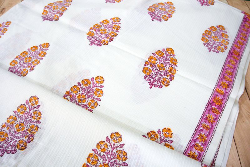 White Pink Butta Floral Textured Cotton Fabric