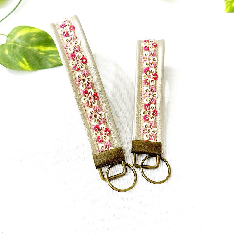 Faux Leather key Fob With Pink Embroidery Lace Accent