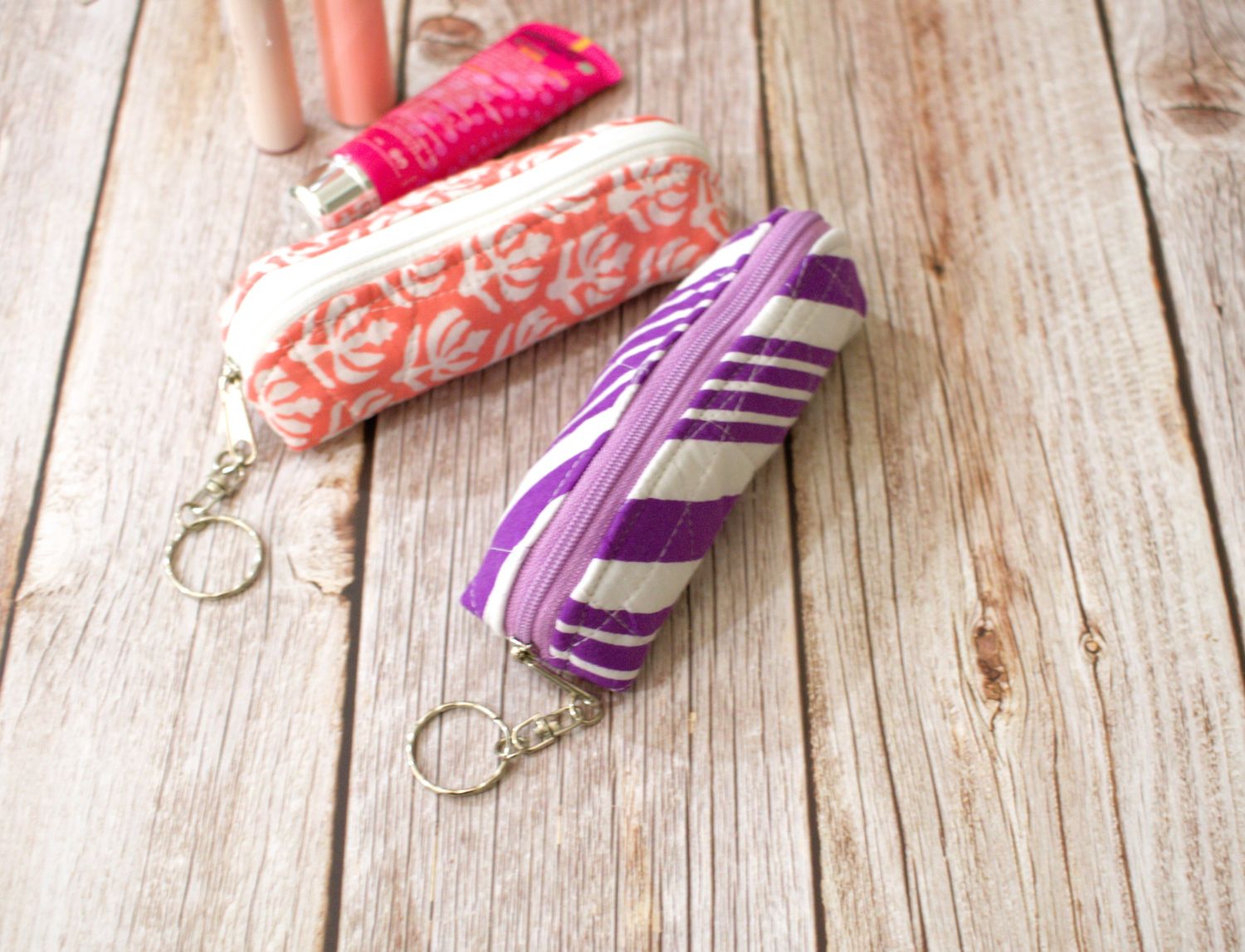 Quilted Lipstick Holder with Keychain - Floral or Stripe