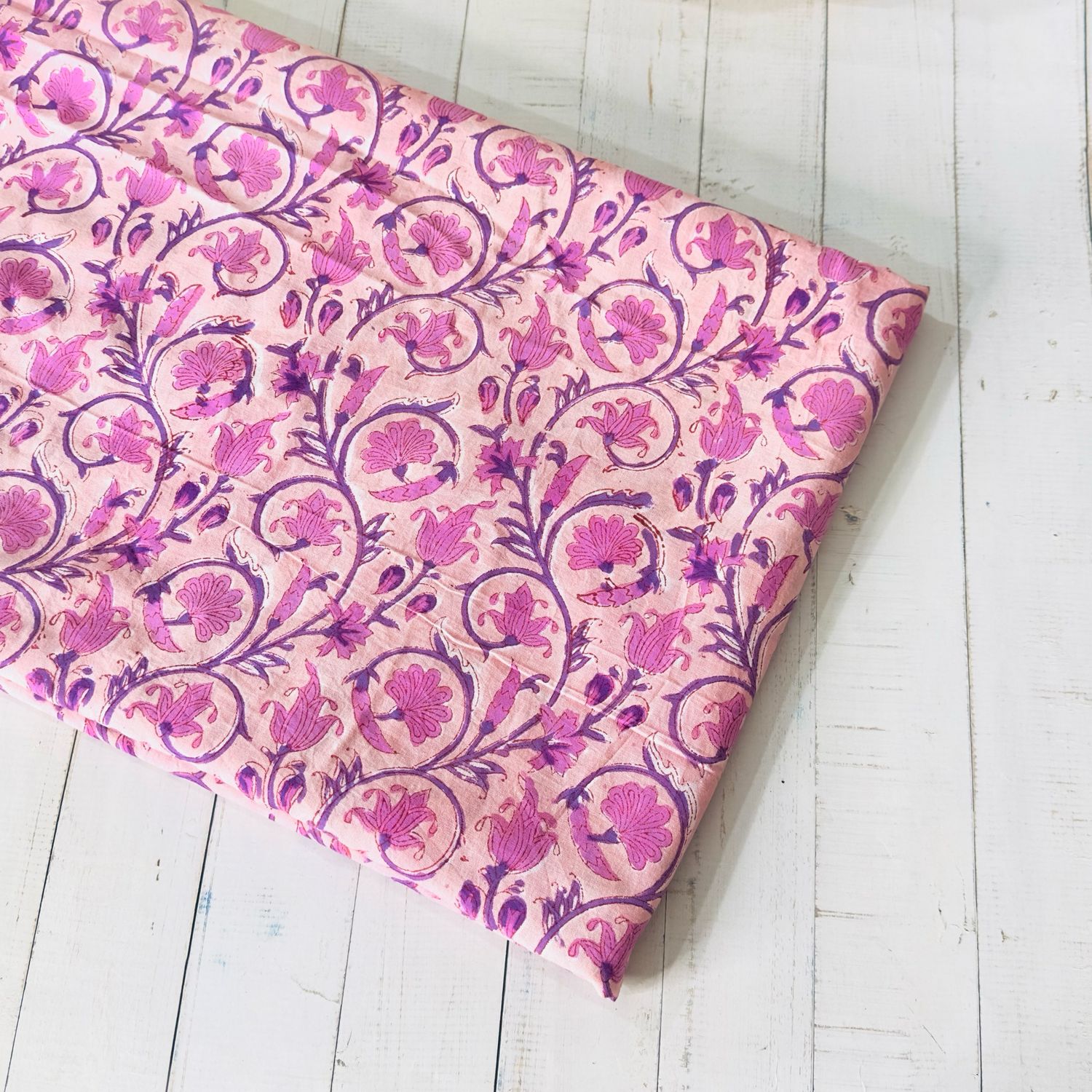 Pink Purple Floral Hand Block Print Cotton Dress Material