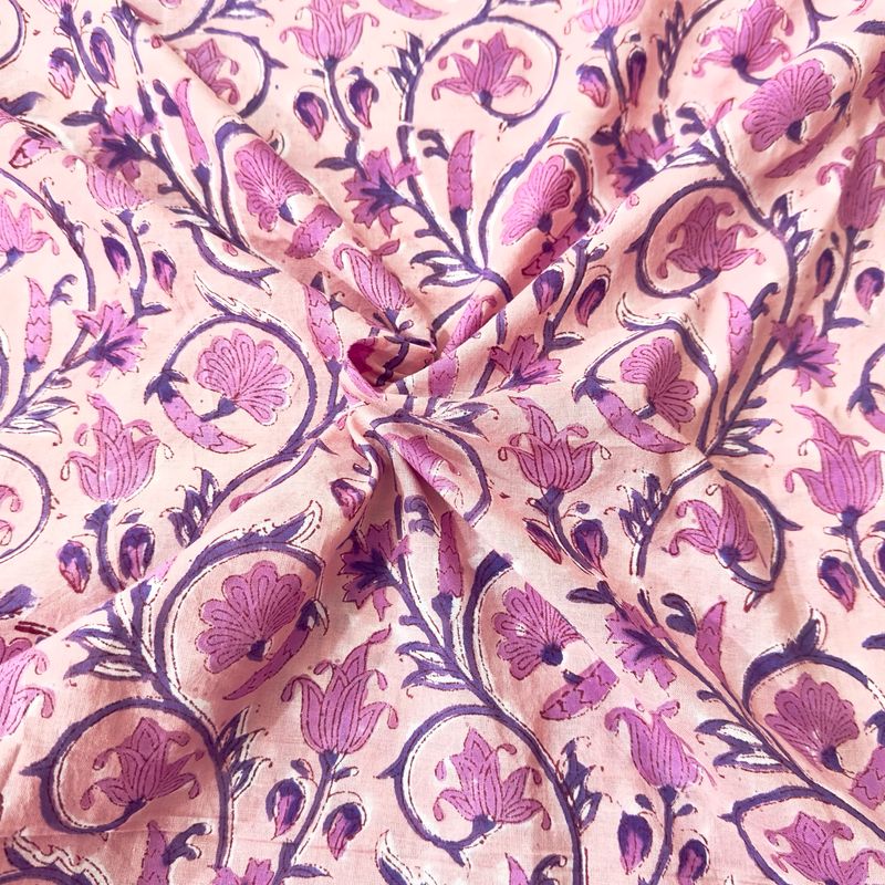 Pink Purple Floral Hand Block Print Cotton Dress Material