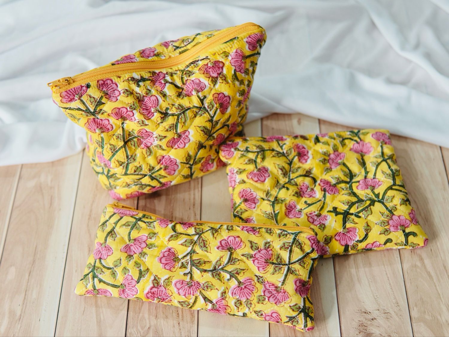 Yellow Floral Quilted Zipper Pouches