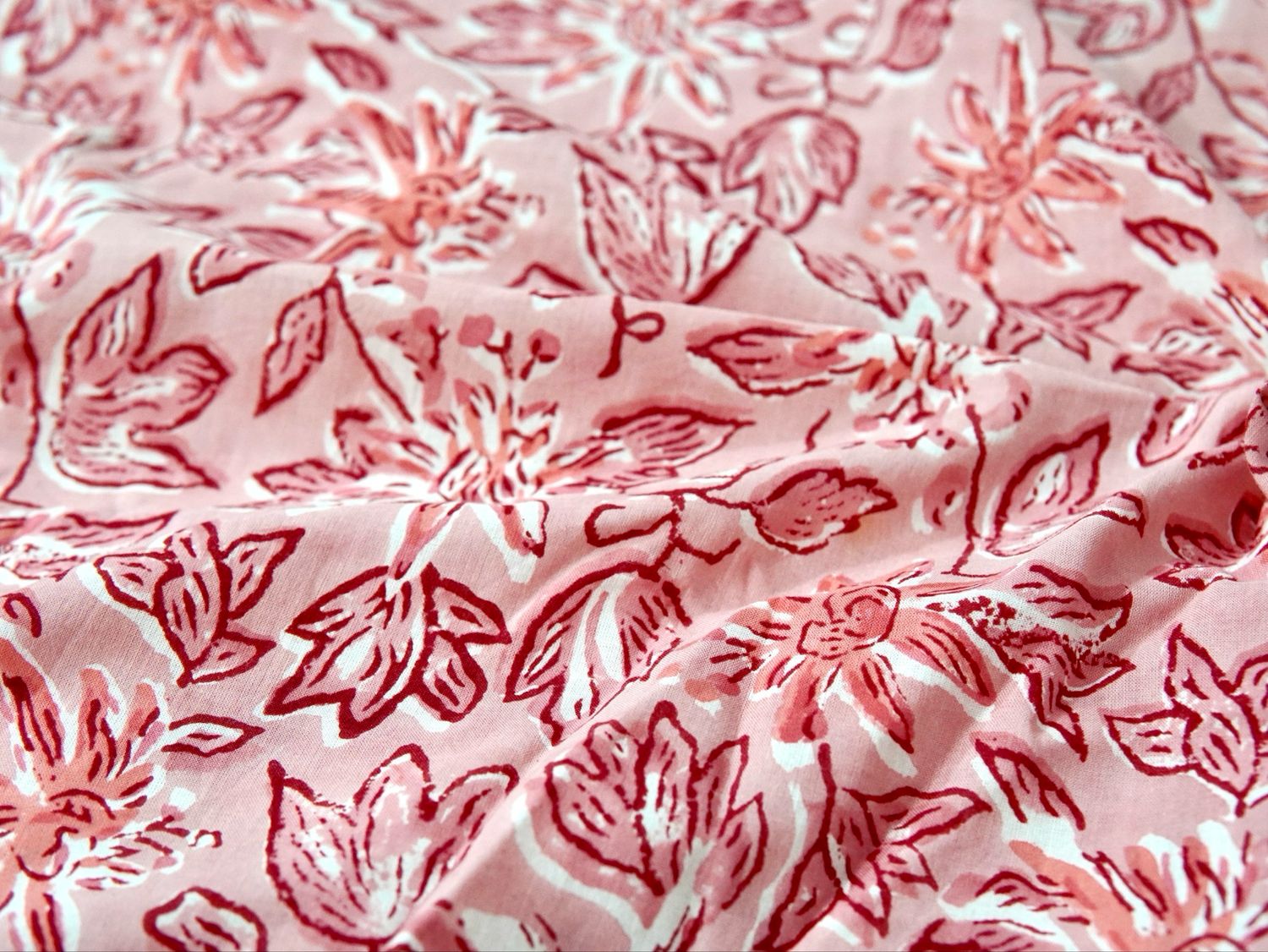 Coral Pink Hand Block Print Cotton Fabric - Big Floral