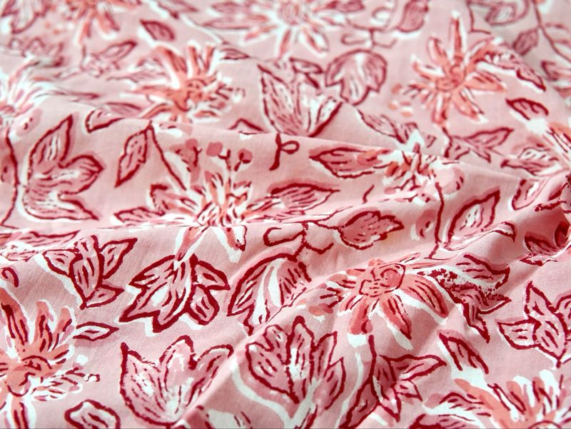 Coral Pink Hand Block Print Cotton Fabric - Big Floral