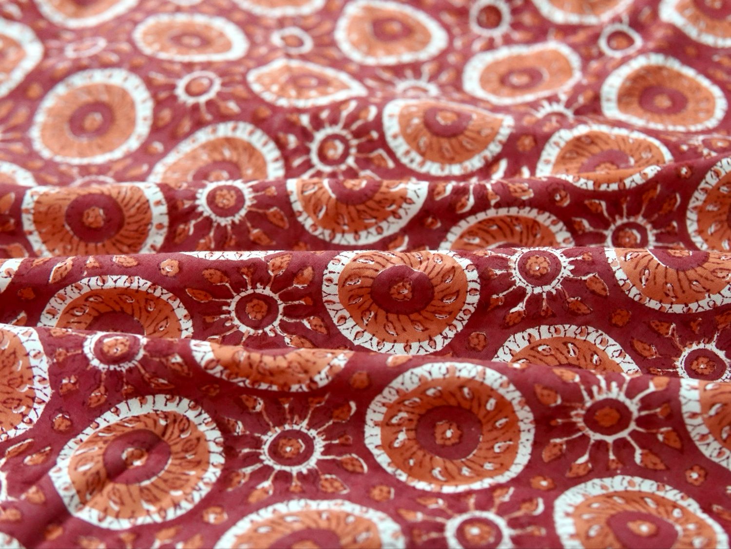 Red Floral Hand Block Print Cotton Fabric