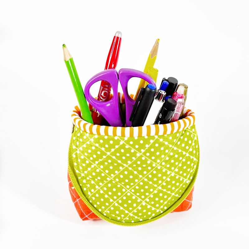 Quilted Standup Pencil Pouch - Makeup Bag - Orange Floral Polkadot