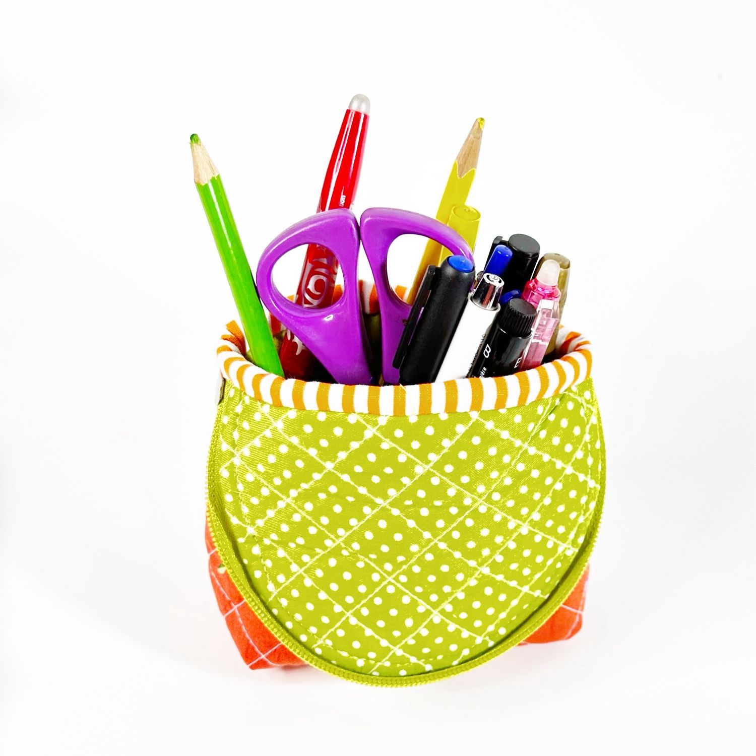 Quilted Standing Pencil Pouch - Makeup Bag - Orange Floral Polkadot