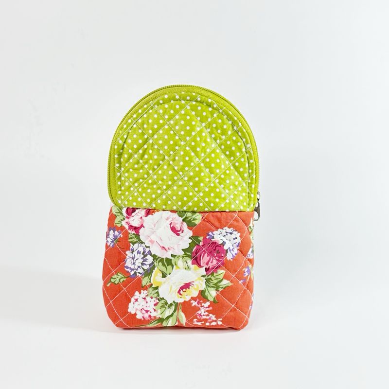 Quilted Standing Pencil Pouch - Makeup Bag - Orange Floral Polkadot