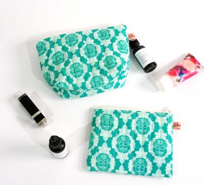 Quilted Small Makeup Bag - Mint Green Sugar Skull