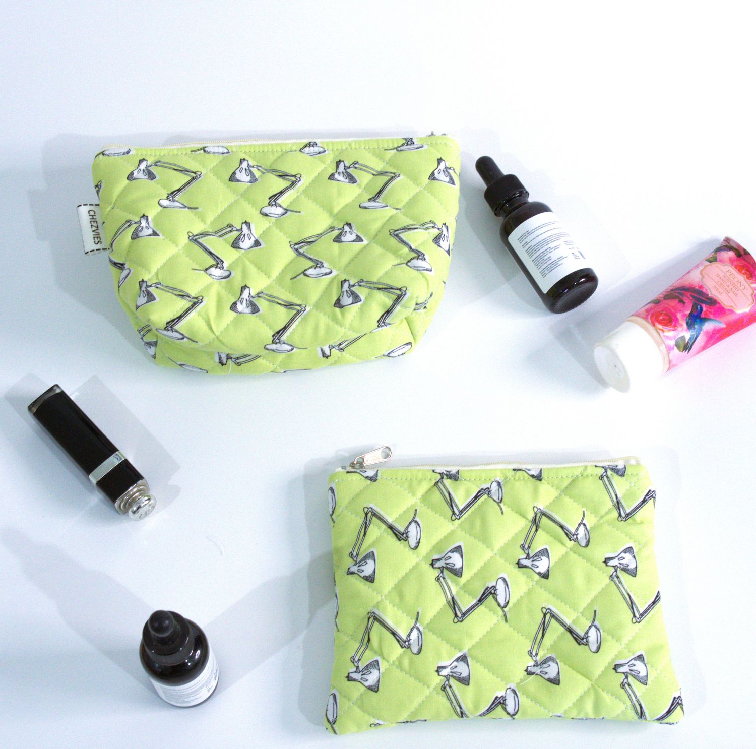 Quilted Small Makeup Bag - Green Retro Lamp Print