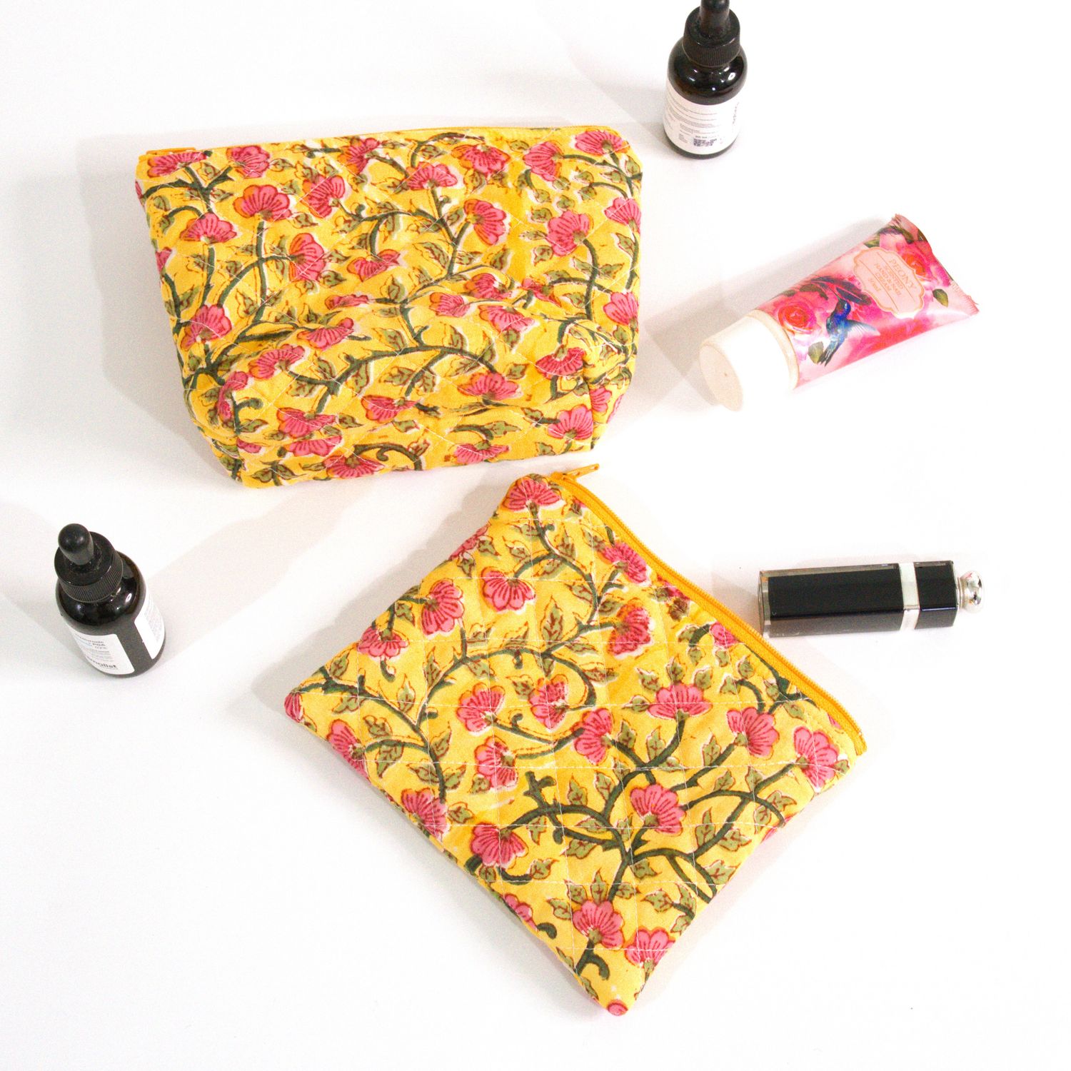 Quilted Small Makeup Bag - Yellow Floral