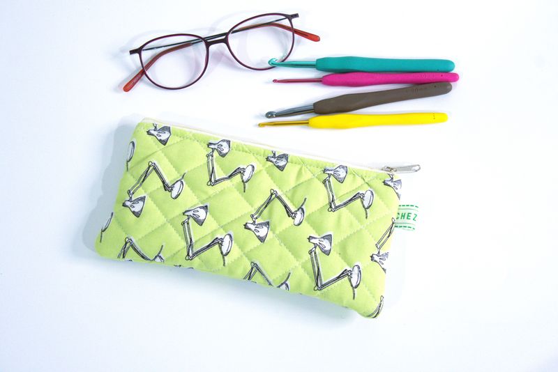 Quilted Slim Pencil Pouch - Green Retro Print