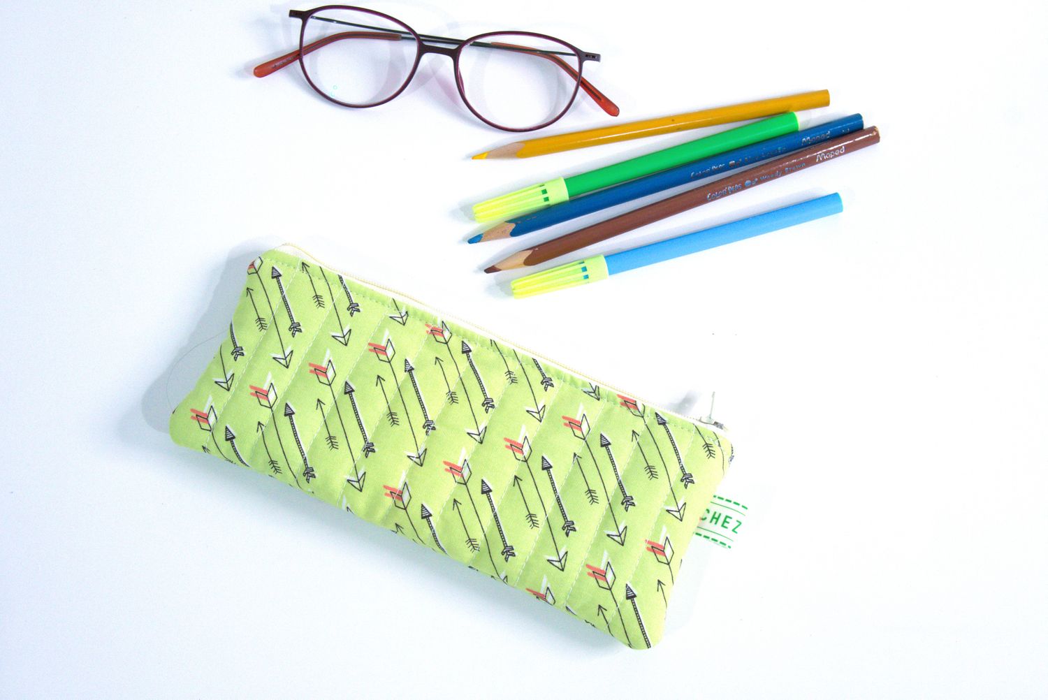 Quilted Slim Pencil Pouch - Green Retro Arrow Print