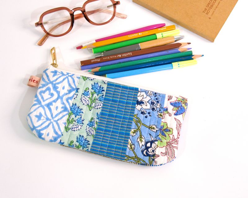 Quilted Large Pencil Pouch - Blue Patchwork
