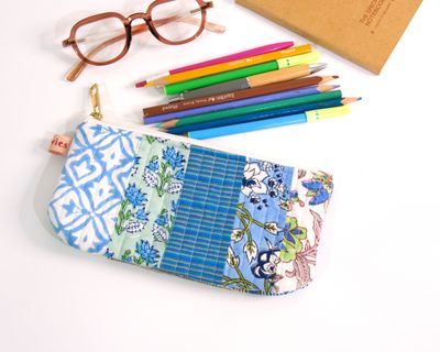 Quilted Large Pencil Pouch - Blue Patchwork