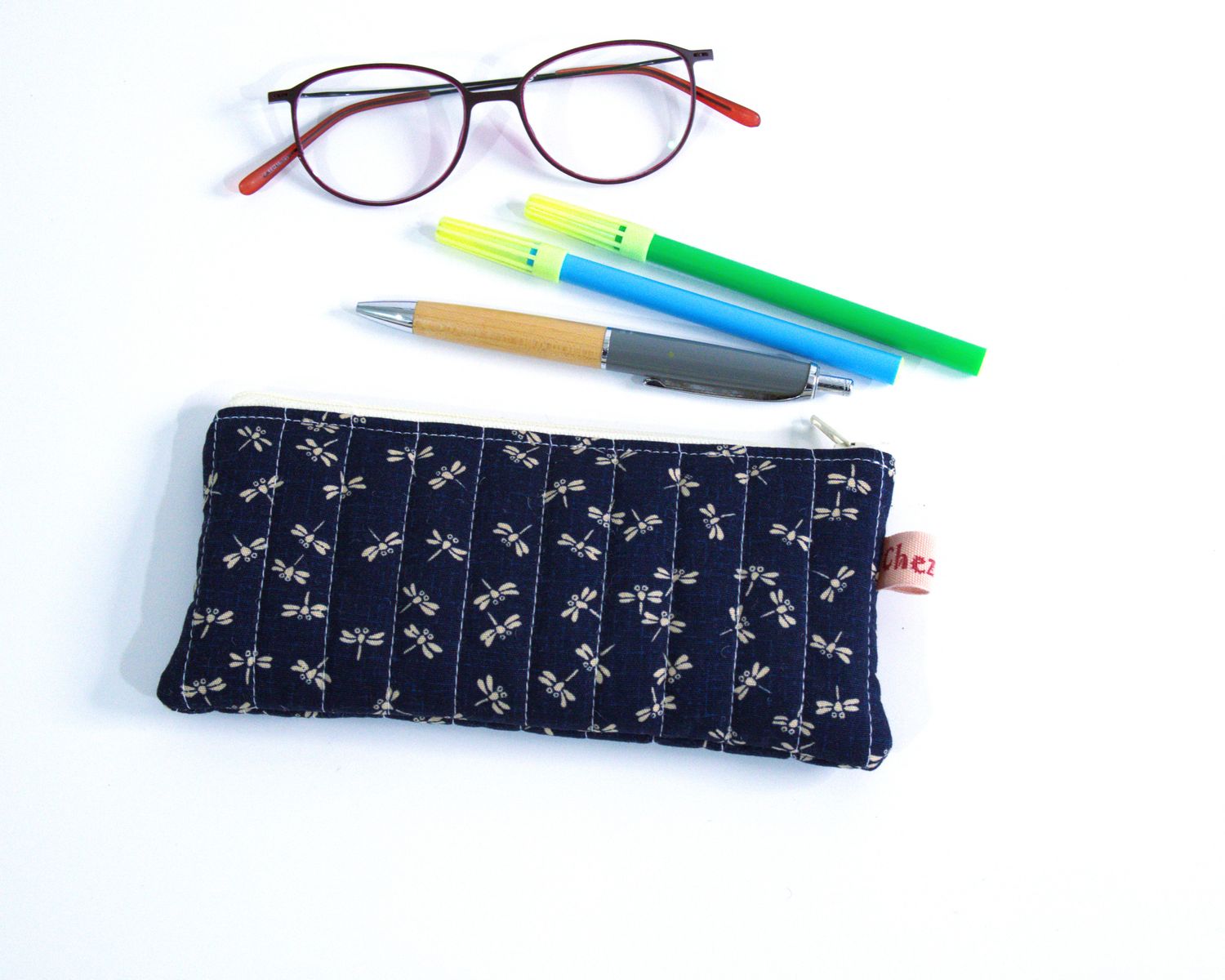 Quilted Slim Pencil Pouch - Indigo Blue Firefly