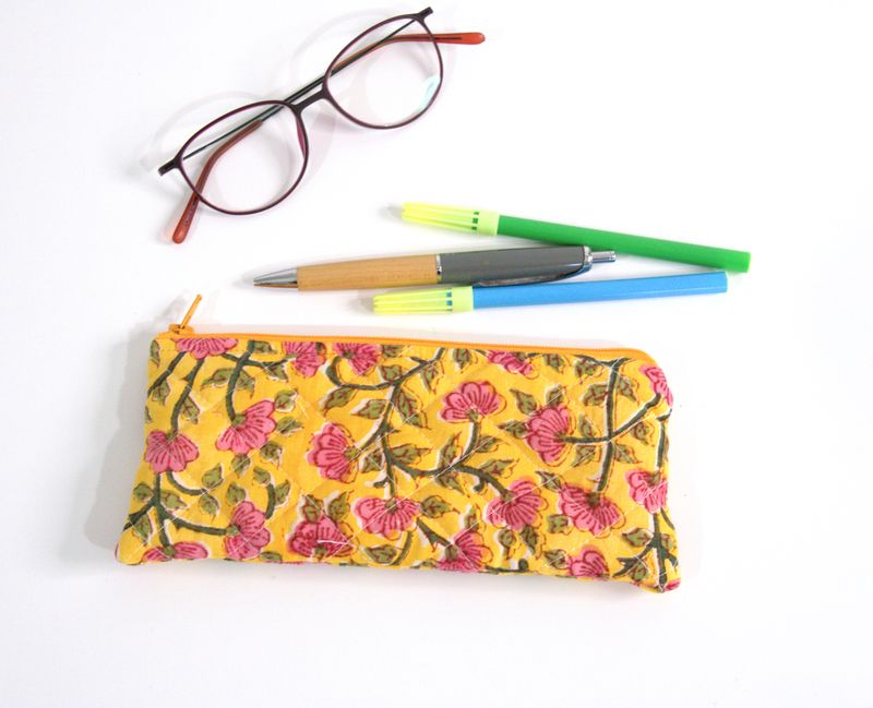 Quilted Slim Pencil Pouch - Yellow Floral